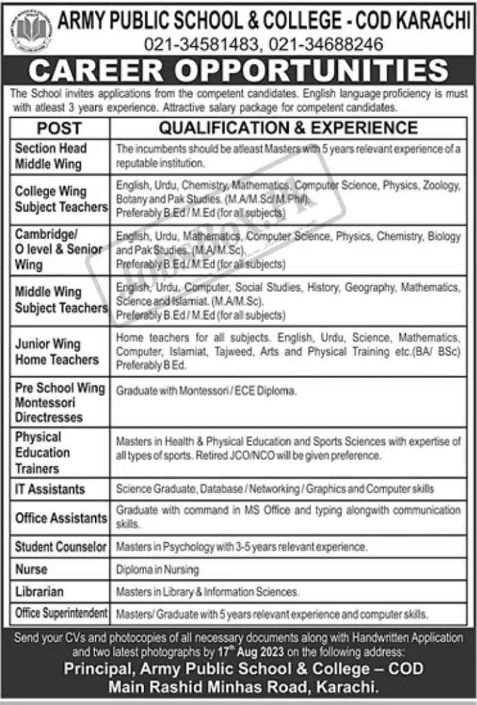 Army Public School and College COD Karachi Jobs 2023 | Current Advertisement