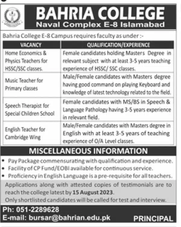 Bahria College Naval Complex Islamabad Jobs 2023