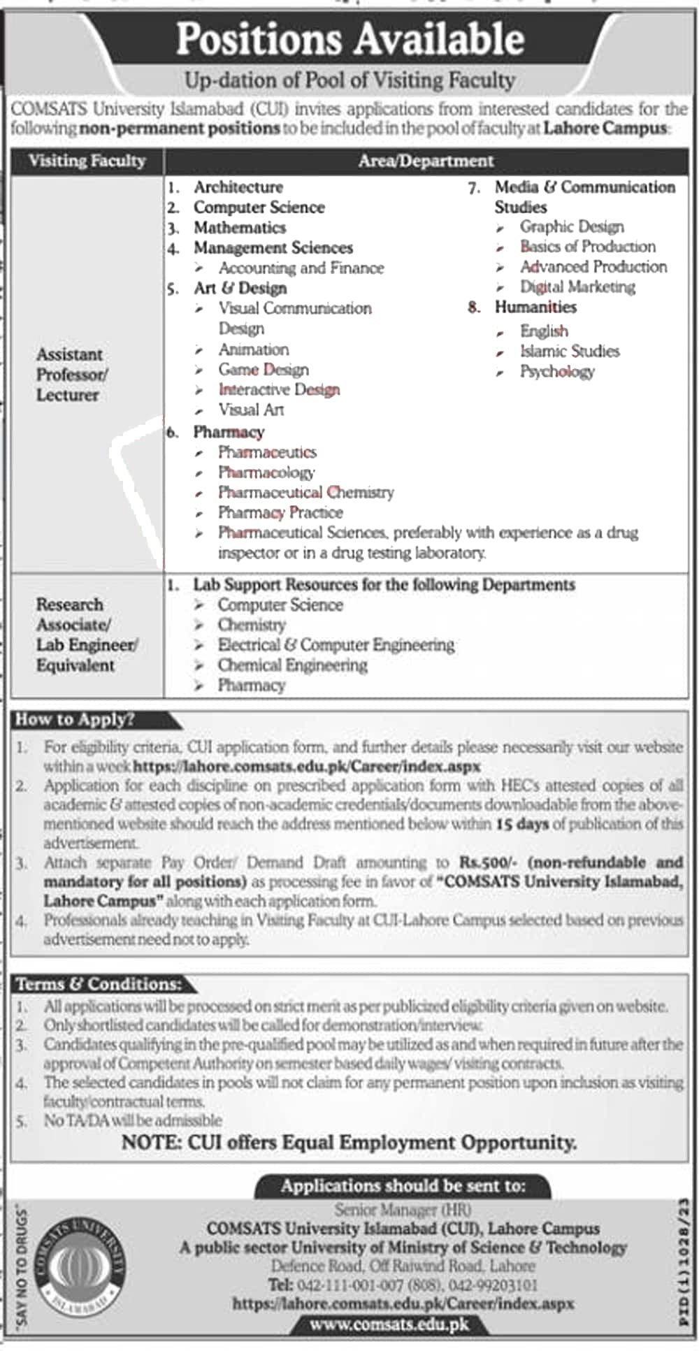 COMSATS University Lahore Campus Jobs 2023 