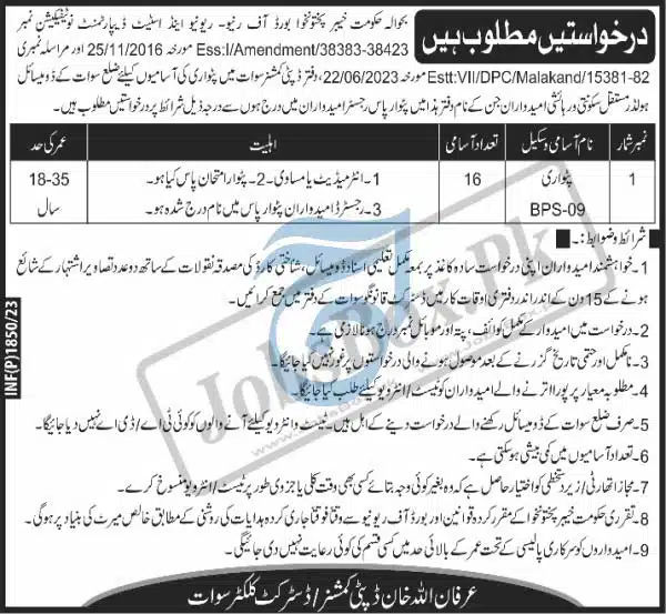 Deputy Commissioner Office Swat Jobs 2023 | Current Advertisement