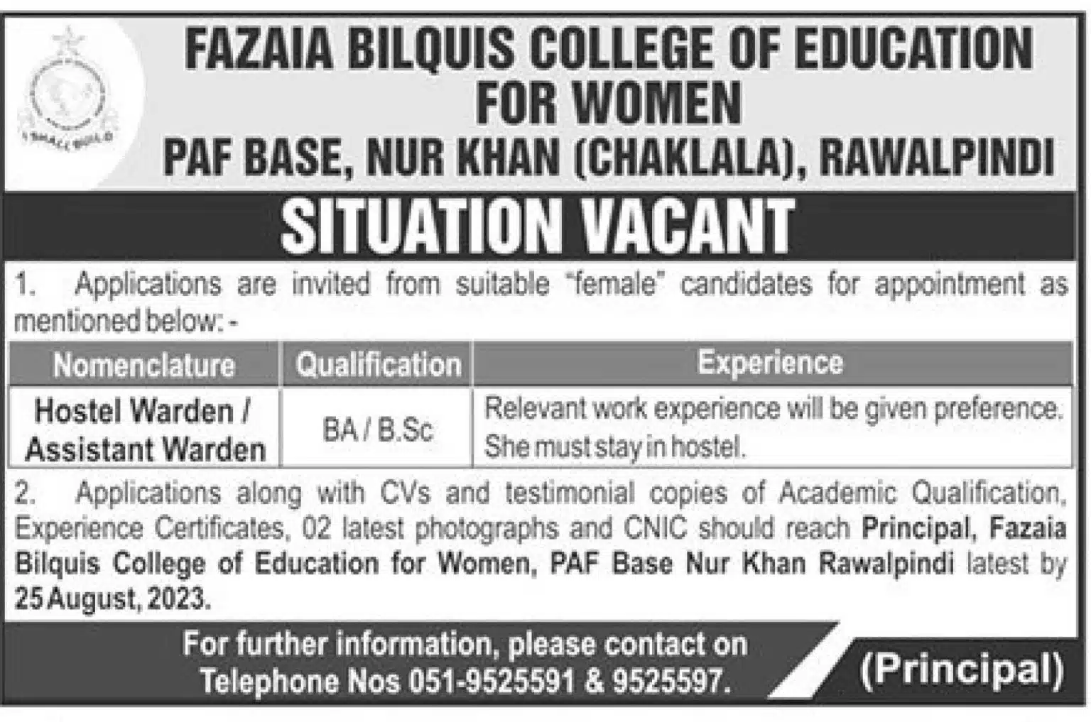 Fazaia Bilquis College of Education for Women Rawalpindi Jobs 2023