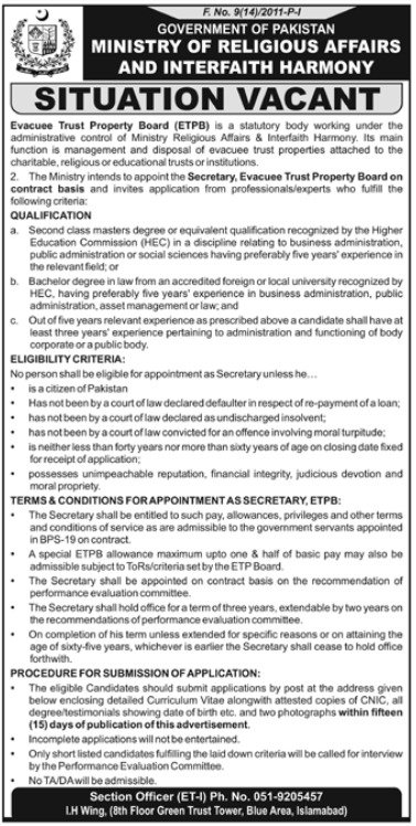 Ministry of Religious Affairs Islamabad Jobs August 2023 