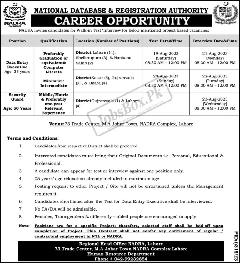NADRA Head Office Lahore Jobs 2023 | Latest Advertisement