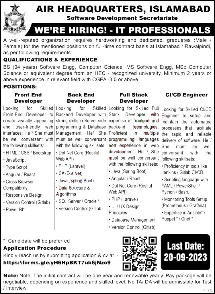 PAF Headquarters Islamabad Jobs 2023 | Apply Online