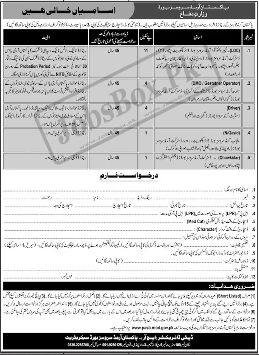 Pakistan Armed Services Board Ministry of Defence Jobs 2023