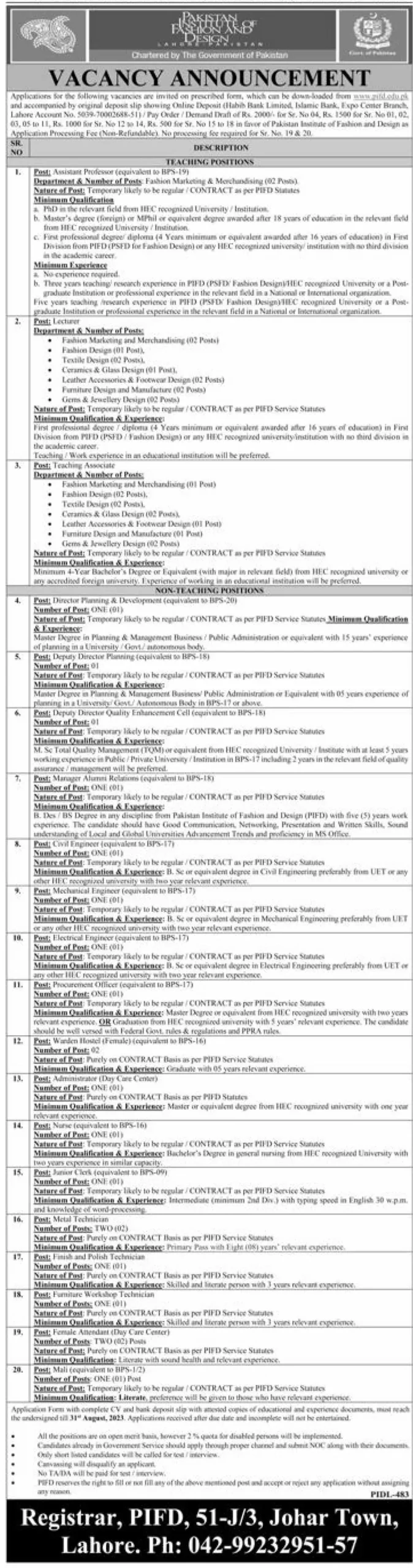 PIFD jobs 2023 | Pakistan Institute of Fashion and Design Jobs