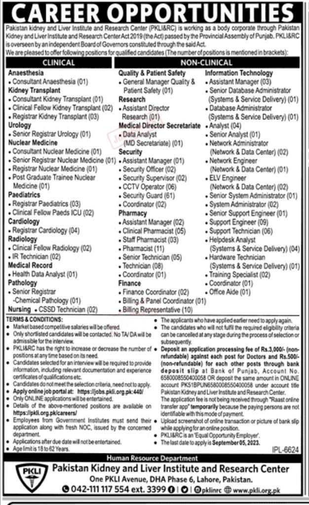 Pakistan Kidney and Liver Institute PKLI Jobs August 2023