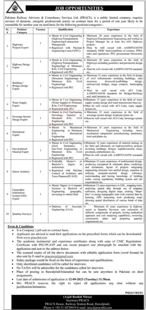 Pakistan Railway Advisory and Consultancy Service (PRACS) Jobs 2023