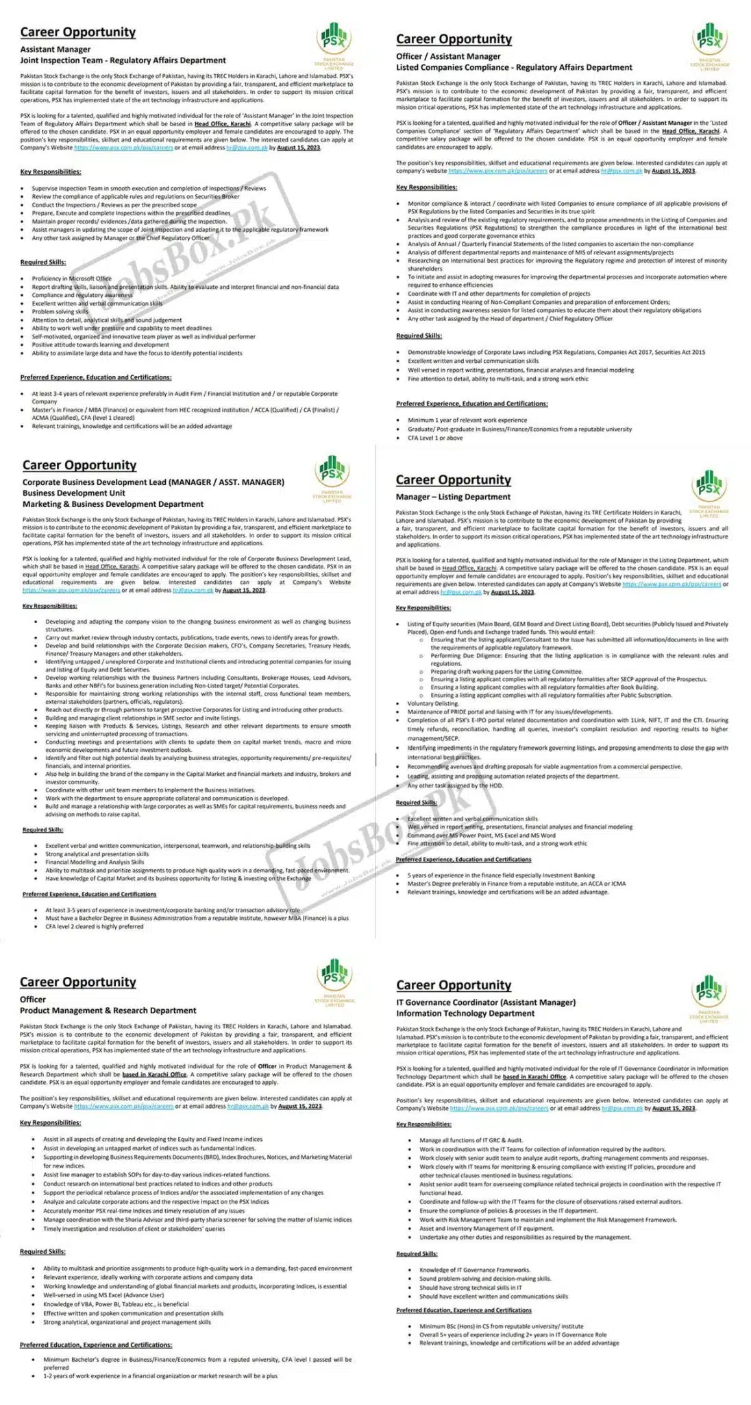 Pakistan Stock Exchange PSX Jobs 2023 Latest Advertisement