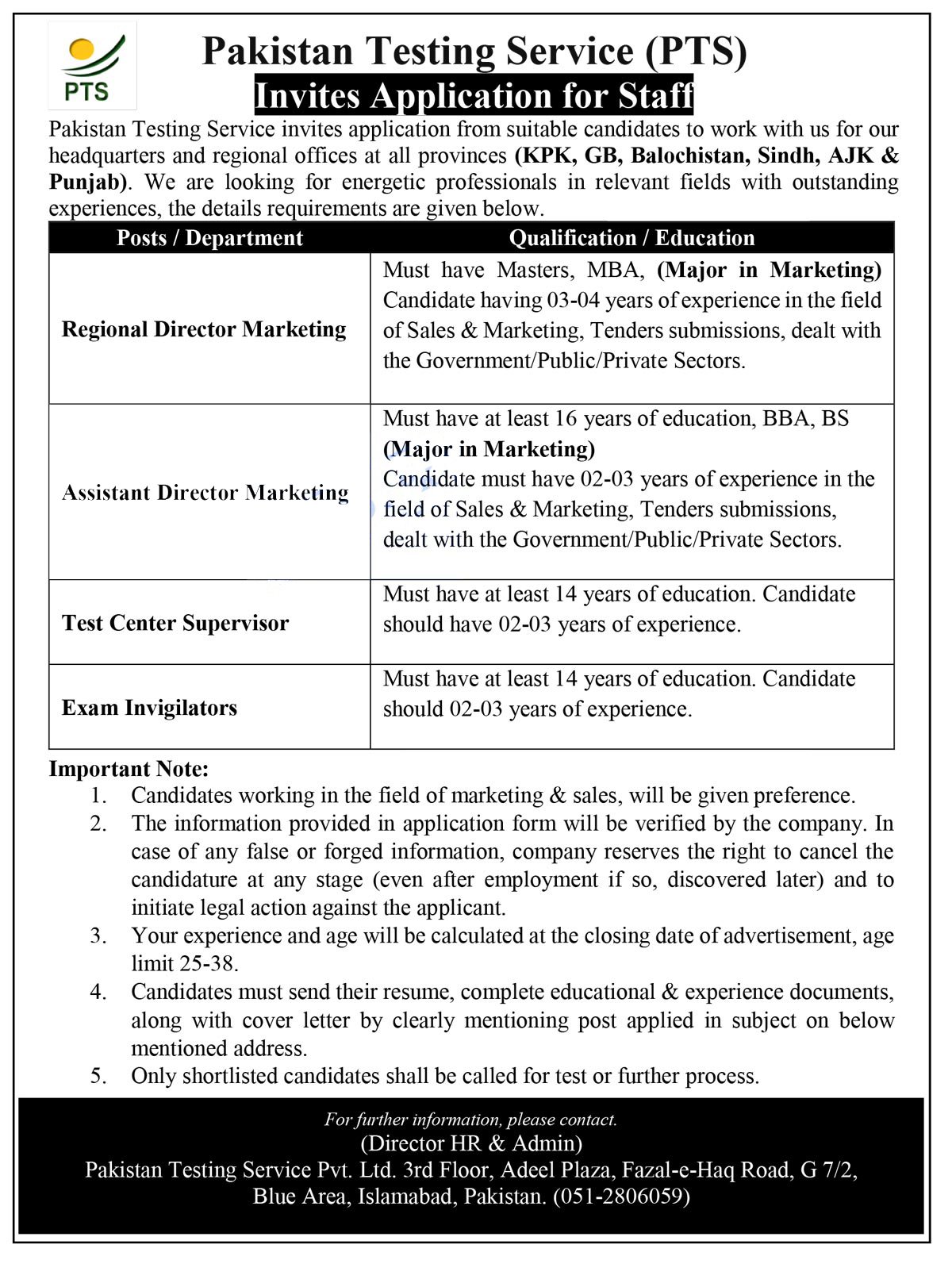 Pakistan Testing Service PTS Jobs 2023 for Invigilators