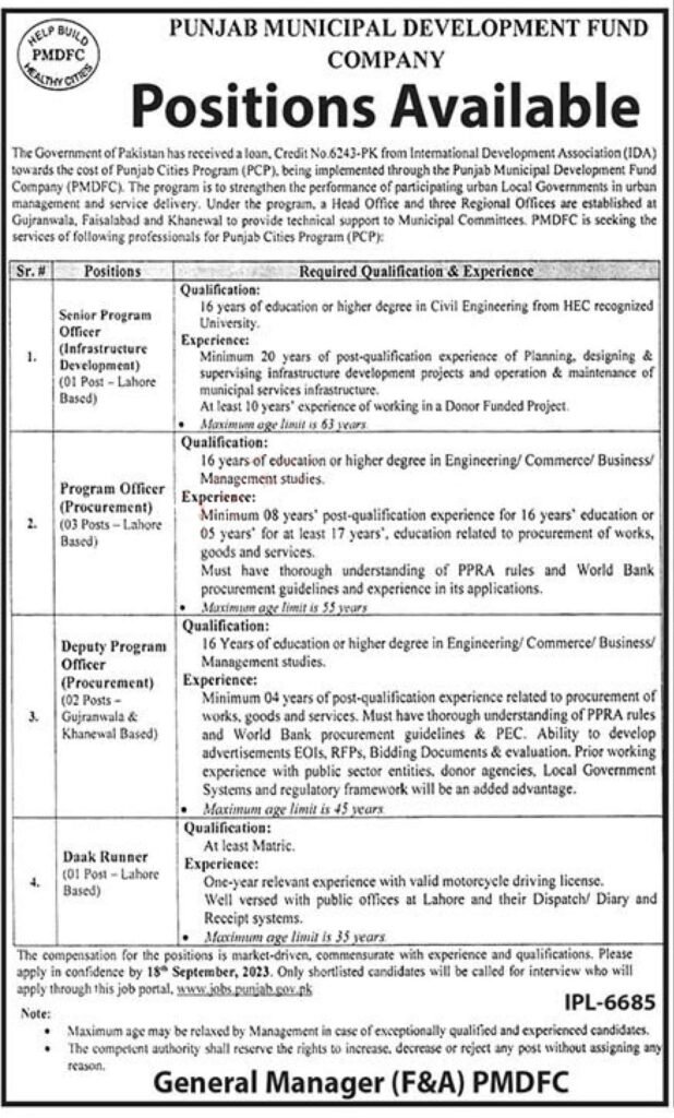 PMDFC Jobs 2023 | Punjab Municipal Development Fund Company Jobs
