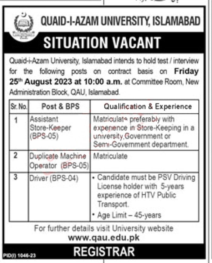 Quaid E Azam University Islamabad Jobs 2023 min