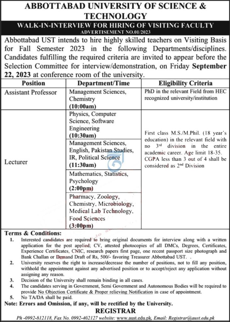 Abbottabad University of Science and Technology AUST Jobs 2023