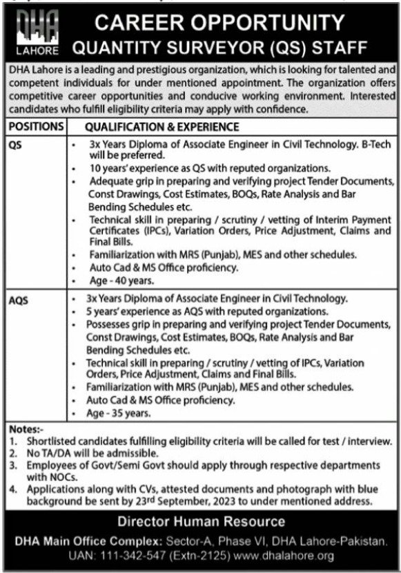Defence Housing Authority Lahore Jobs 2023