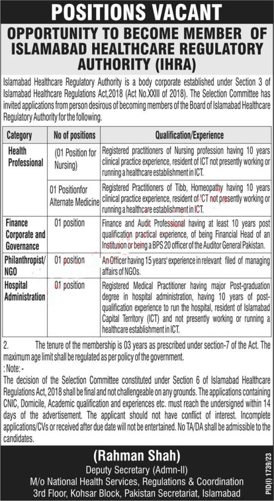 Islamabad Healthcare Regulatory Authority Jobs 2023