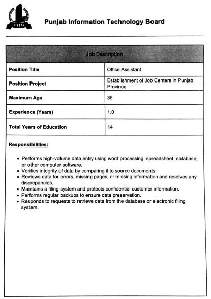Office Assistant Jobs in Punjab IT Board 2023 Online Apply