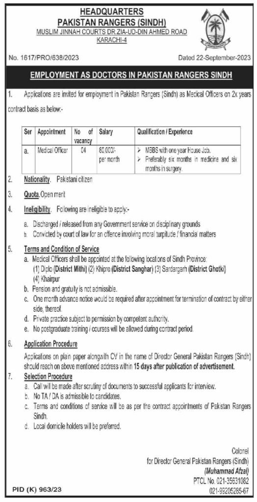 Pakistan Rangers Sindh Jobs 2023