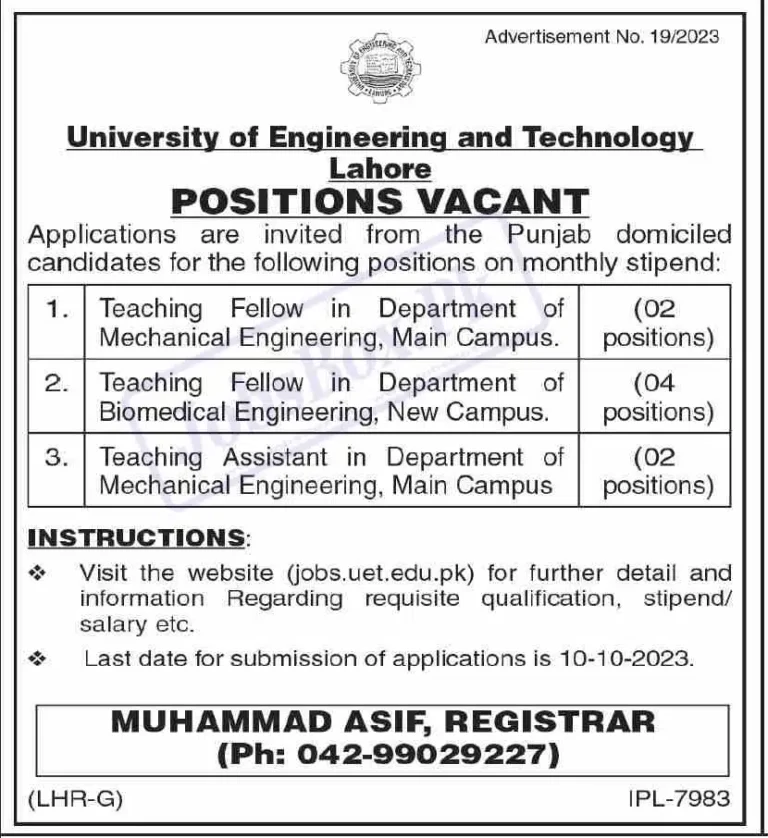UET Lahore jobs 2023 Apply at www.jobs.uet.edu.pk
