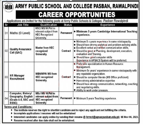 Army Public School & College APS Rawalpindi Jobs 2023