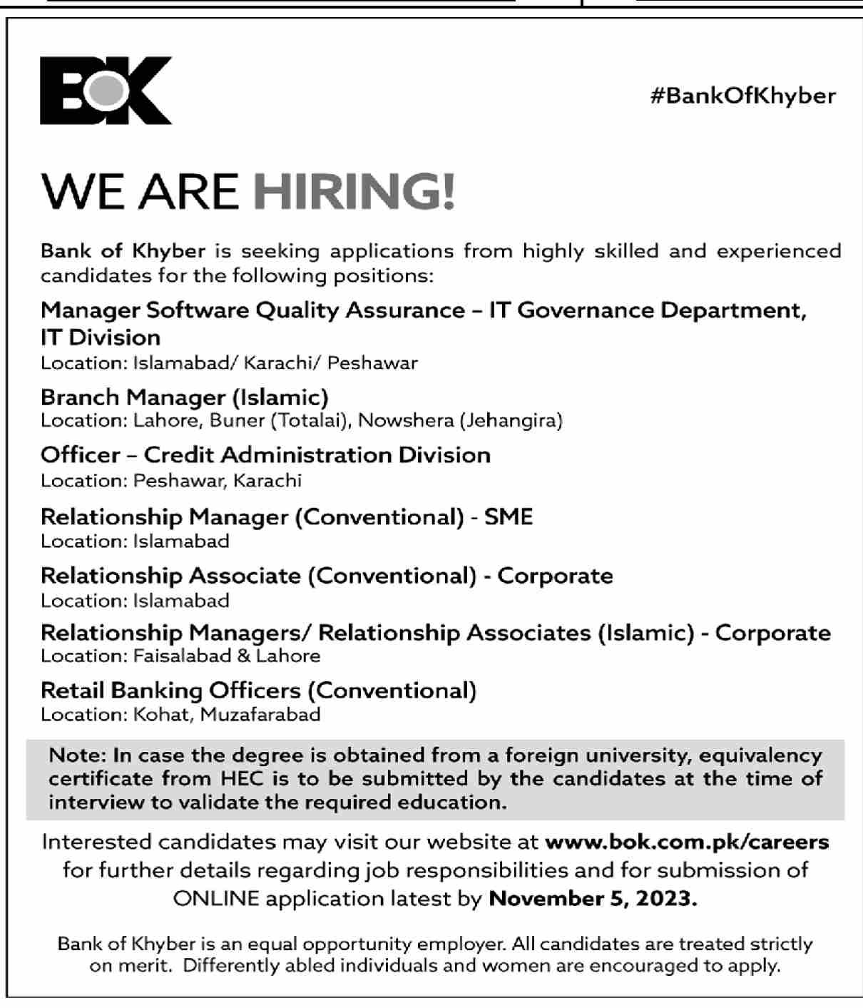 Bank of Khyber BOK jobs 2023 Apply Online – www.bok.com.pk