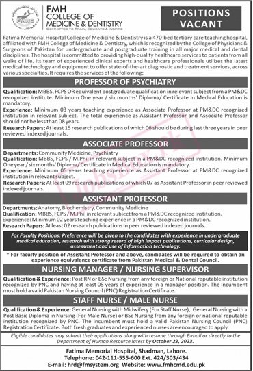 FMH College of Medicine and Dentistry Jobs 2023