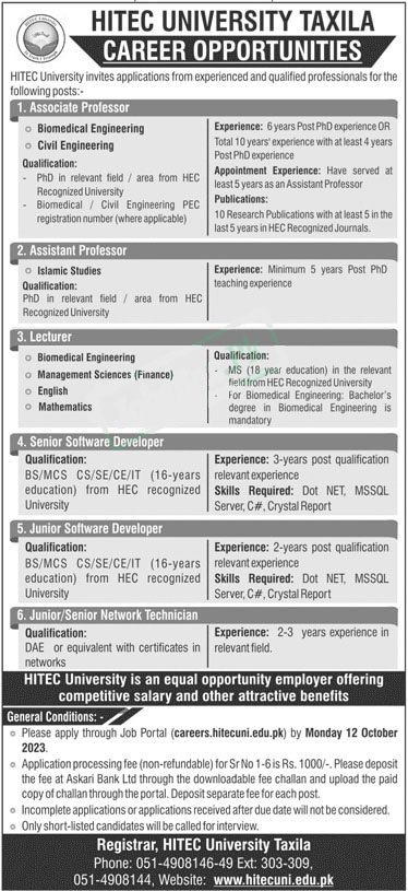 HITEC University Taxila Jobs 2023-www.hitechuni.edu.pk