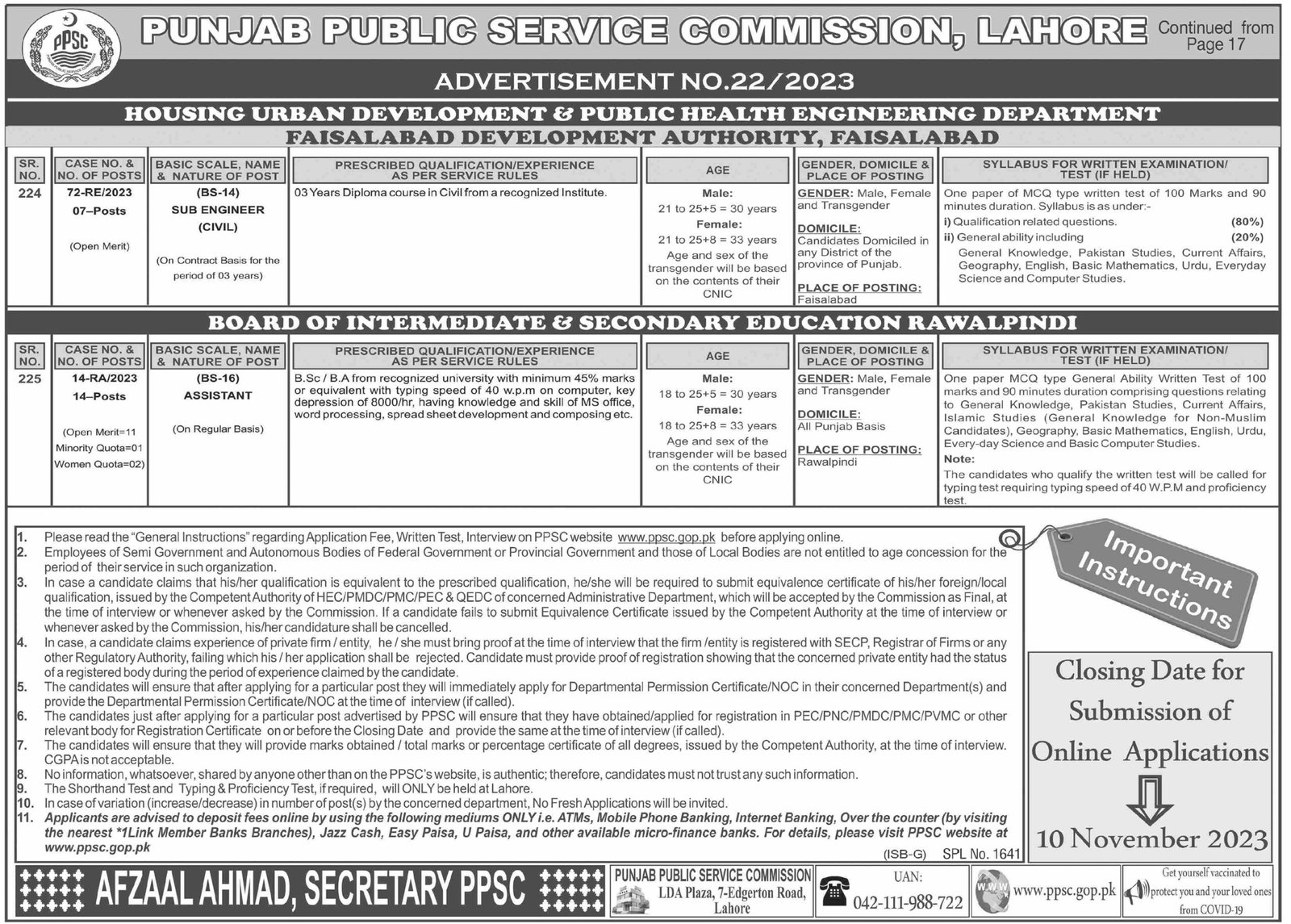 PPSC Jobs Advertisement No. 22 2023 for (Male & Female)