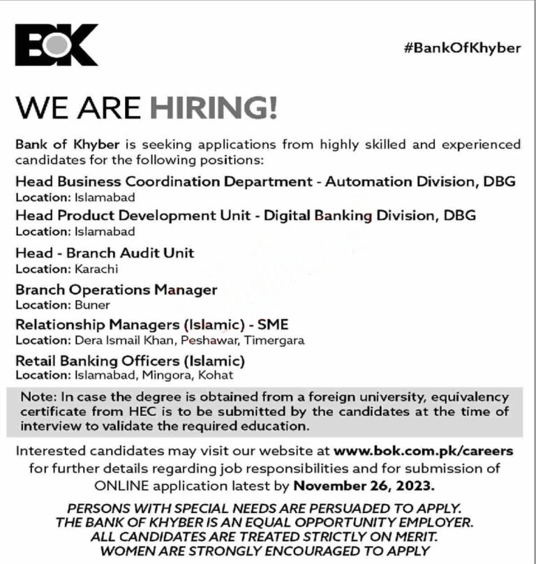 Bank of Khyber BOK jobs 2023 Apply Online