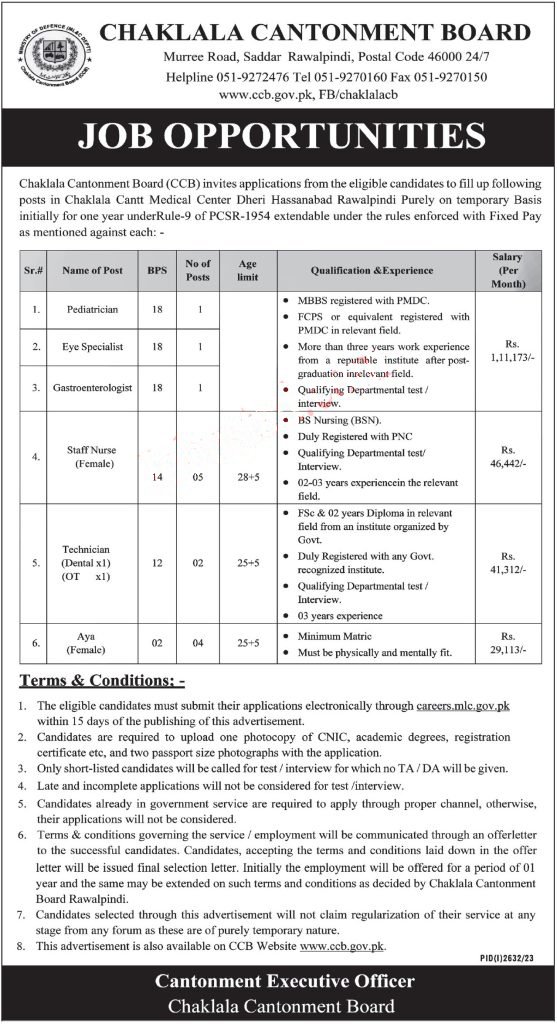 Chaklala Cantonment Board Rawalpindi Jobs 2023 Advertisement