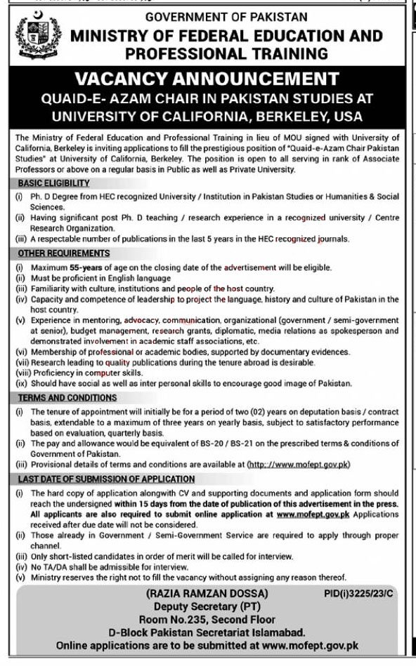 Ministry of Federal Education & Professional Training Islamabad Jobs 2023