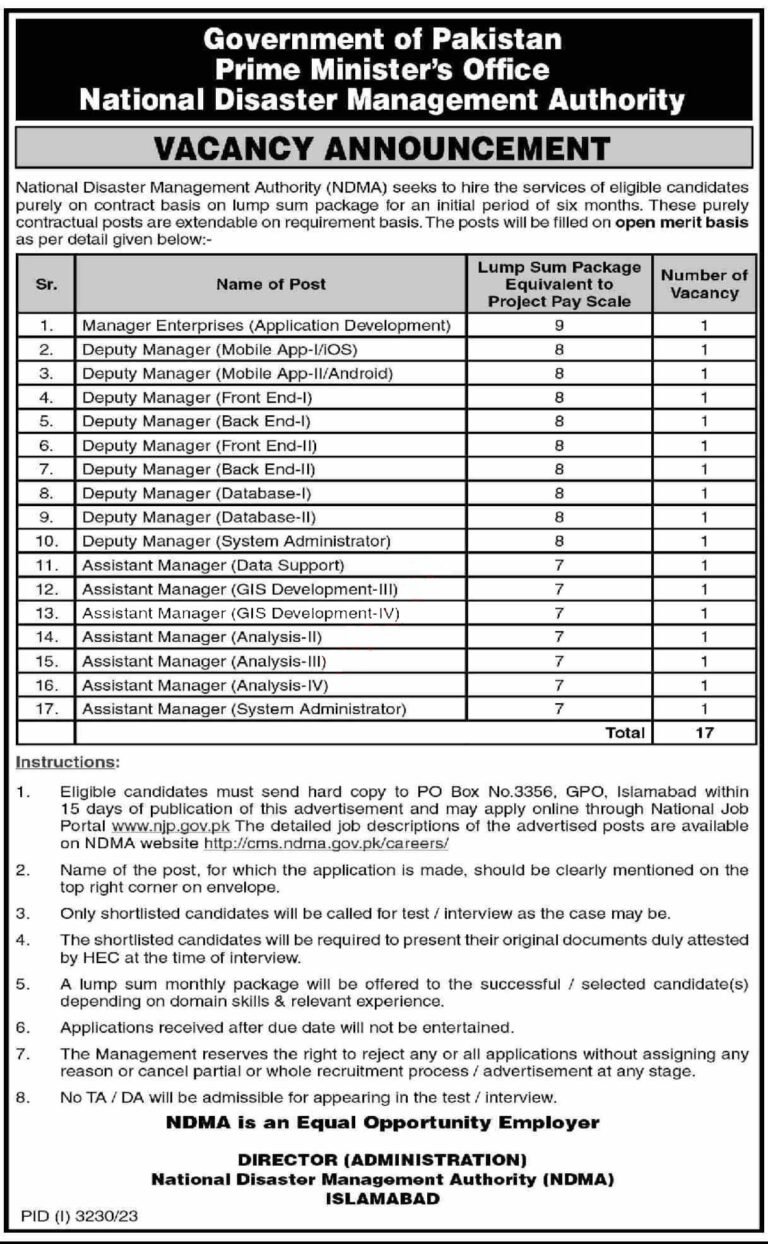 Prime Minister Office Islamabad jobs 2023 Advertisement