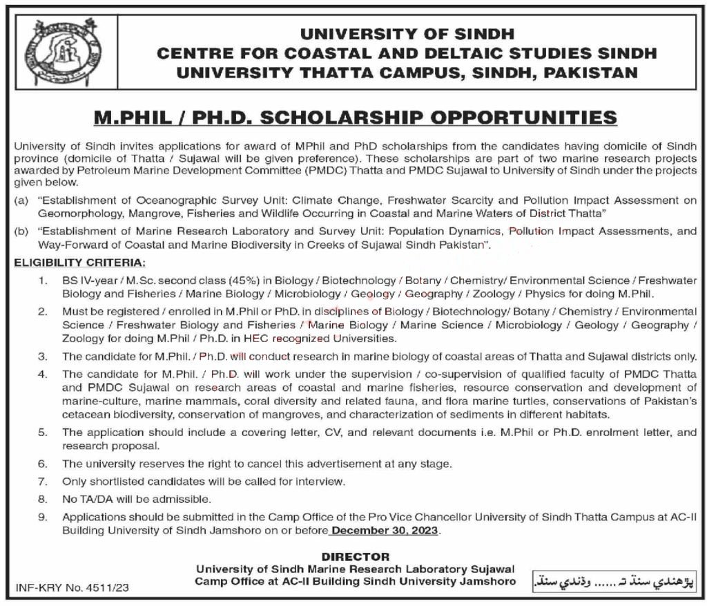 University of Sindh Mphil /PhD Scholarship Program 2023