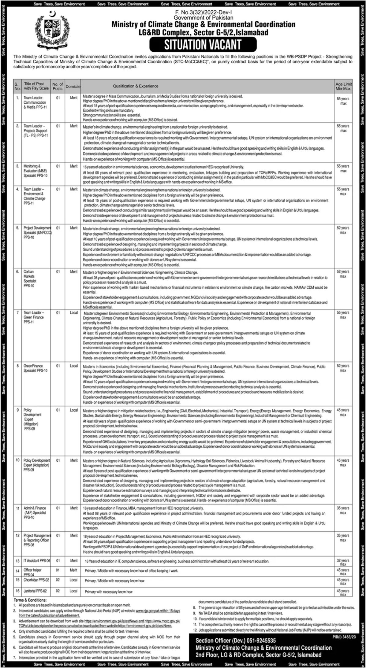 MOCC jobs 2023 – Ministry of Climate Change Jobs 2023