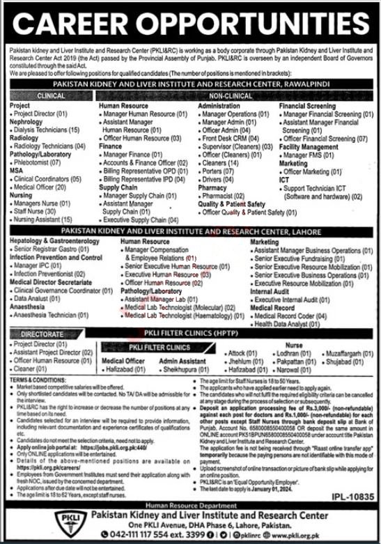 Pakistan Kidney and Liver Institute and Research Centre PKLI Jobs 2023