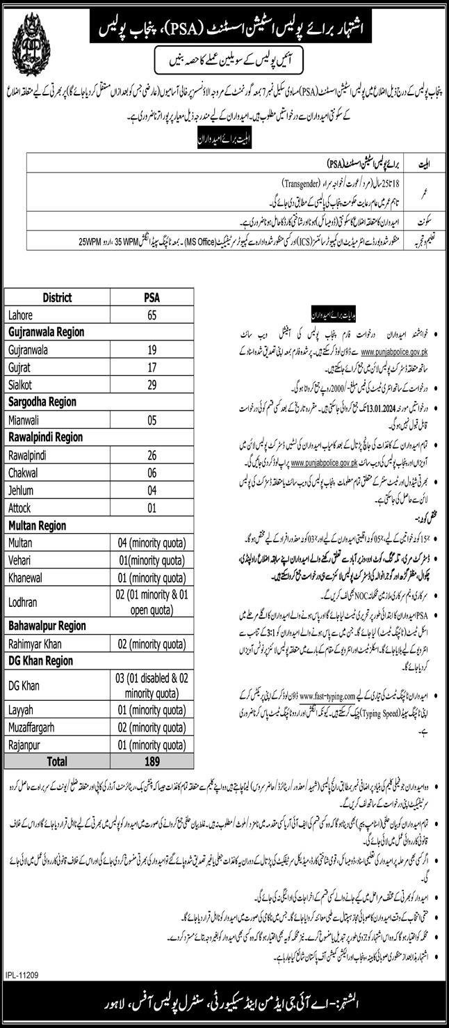Police Station Assistant Jobs in Punjab Police 2024