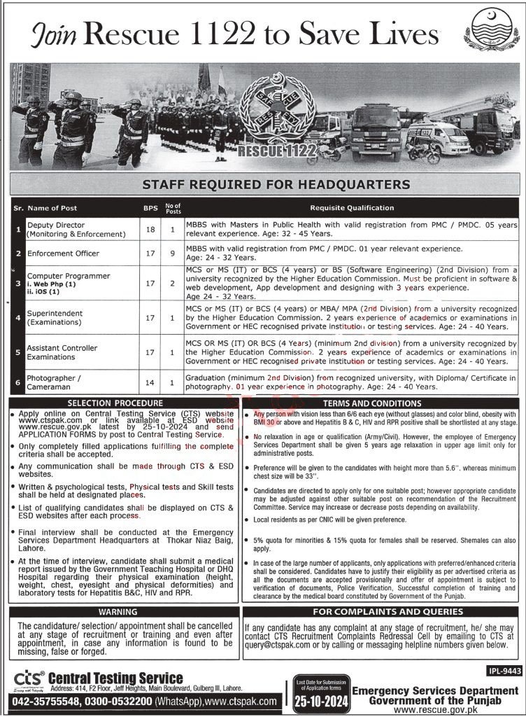 Rescue 1122 Punjab Jobs October 2024 